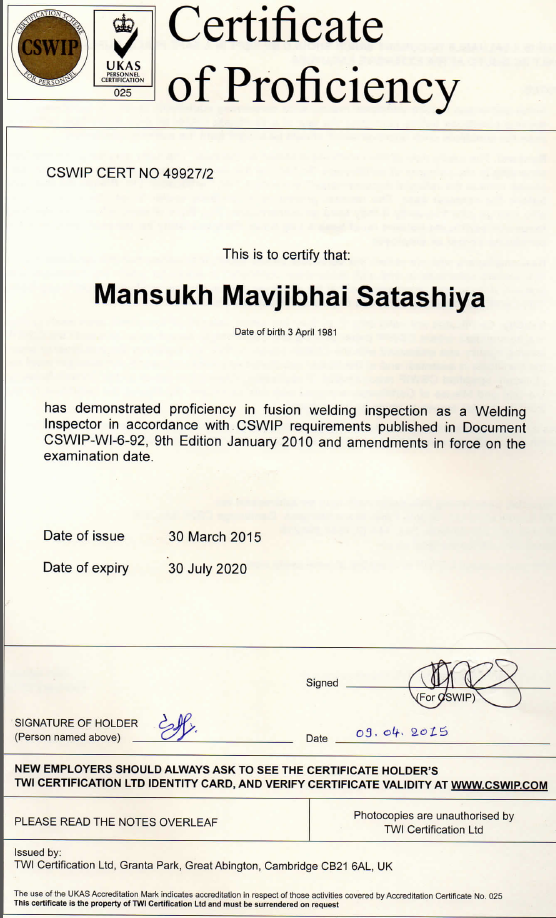 Certified Welding Inspector- CSWIP 3.1